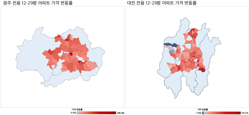 2006년과 2015년 광주, 대전 아파트 매매 가격 변동률 지도