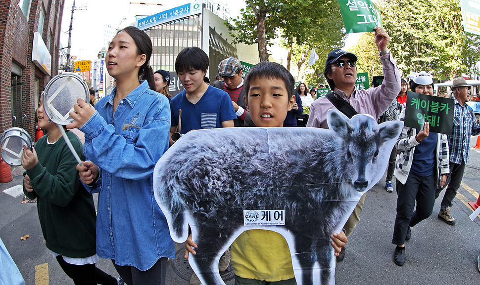 설악산국립공원지키기국민행동 회원들이 25일 오후 서울 종로구 마로니에 공원에서 사전 집회를 마친 뒤 종로를 거쳐 광화문광장까지 거리행진을 하고 있다. 이정용 선임기자 lee312@hani.co.kr