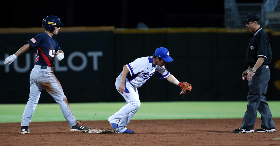 15일 오후 대만 타오위안 구장에서 열린 2015 세계야구소프트볼연맹(WBSC) 프리미어12 대회 조별예선 B조 마지막 경기 대한민국과 미국의 경기. 연장 10회초 승부치기 2사 주자 1루 때 대한민국 2루수 정근우가 미국 1루주자 프레이저의 2루 도루가 오심으로 세이프 되자 아쉬워 하고 있다. 2015.11.15(타이베이=연합뉴스)