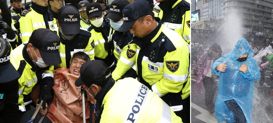 한국에서 집회·시위는 이상적인 헌법과 현실적인 공권력이 충돌하는 현장이다. 11월14일 민중총궐기대회와 11월16일 경찰 책임자 처벌을 요구하는 기자회견도 그러했다. 한겨레 김봉규 기자, 박승화 기자