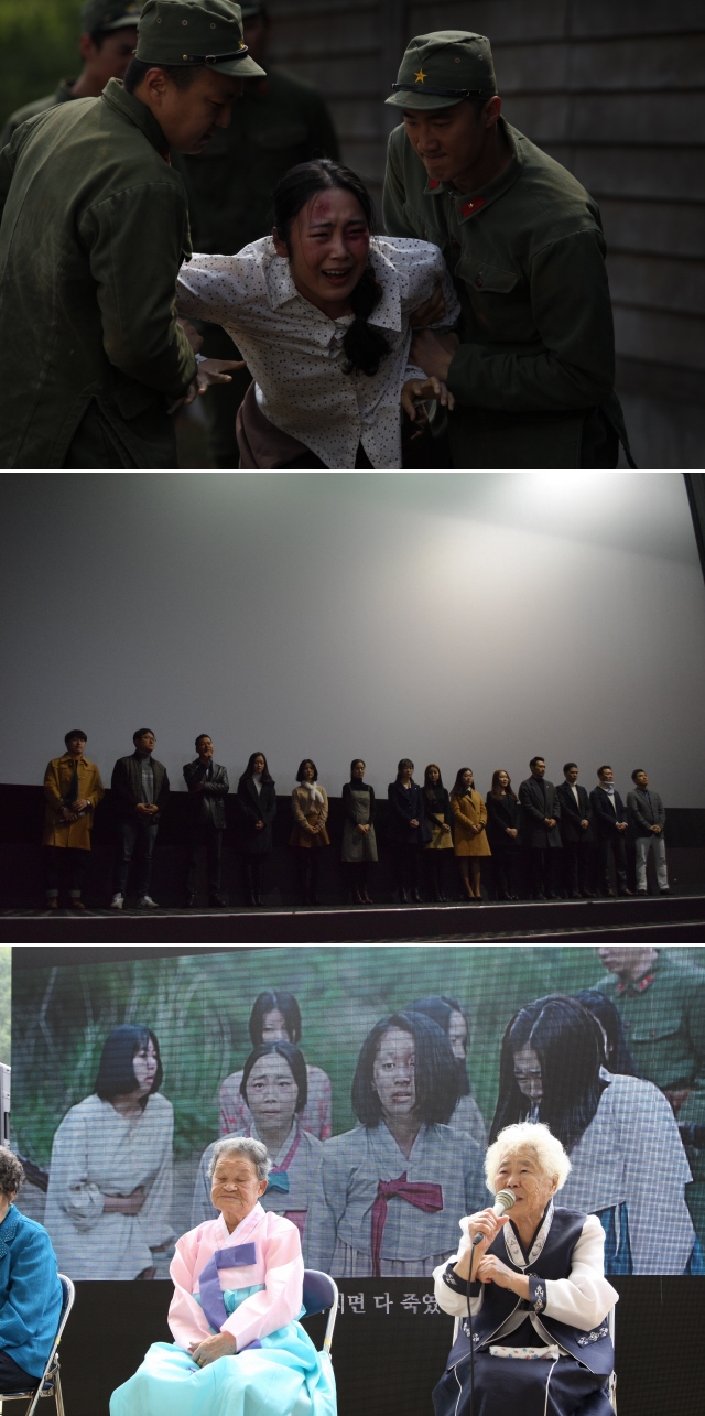 2015년 4~6월 <귀향>의 본촬영을 진행했고 (위쪽), 그해 8월15일 ‘나눔의 집’에서 <귀향>의 하이라이트 영상을 상영했다(가운데). 지난 1월17일 서울극장 시사회를 끝으로 후원자 1차 전국 시사회를 마무리했다. 제이오엔터테인먼트 제공