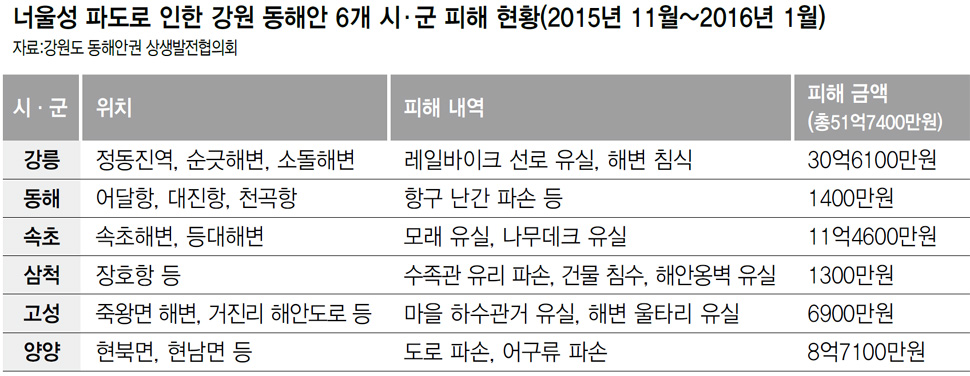 너울성 파도로 인한 강원 동해안 6개 시·군 피해 현황(2015년 11월~2016년 1월)