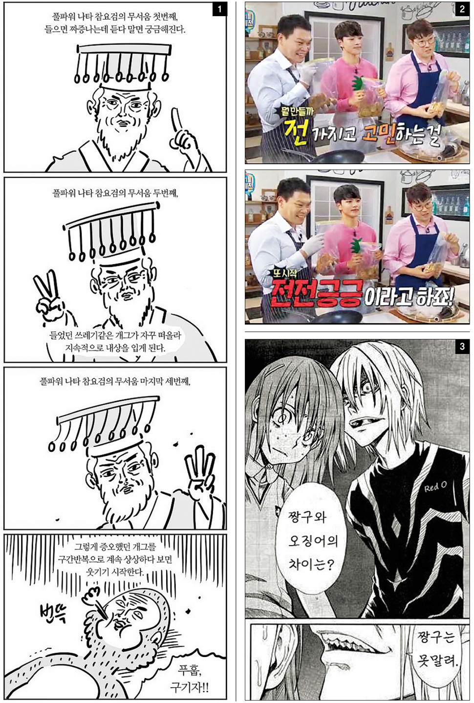 1 웹툰 <이말년 서유기>에서 설명한 아재개그 반응 과정. ‘참요검’은 원래 요괴를 잡는 칼의 이름이지만 만화에선 아재개그를 뜻한다. 이말년 작가 제공 2 아재개그로 인기를 얻고 있는 오세득 셰프(오른쪽). 문화방송 <마이리틀텔레비전> 화면 갈무리 3 만화와 합성해 재가공한 아재개그 짤방. 인터넷 갈무리