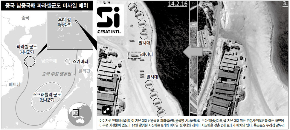 이미지샛 인터내셔널(ISI)이 지난 3일 남중국해 파라셀군도(중국명 시사군도)의 우디섬(융싱다오)을 지난 3일 찍은 위성사진(오른쪽)에는 해변에 아무런 시설물이 없으나 14일 촬영된 사진에는 8기의 미사일 발사대와 레이더 시스템을 갖춘 2개 포대가 배치돼 있다. 폭스뉴스 누리집 갈무리 (※클릭하면 확대됩니다.)