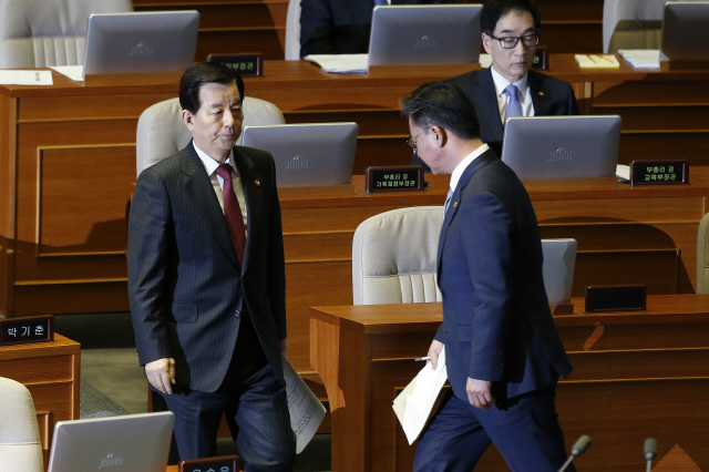 홍용표 통일부 장관(오른쪽)과 한민구 국방부 장관이 18일 국회 본회의장에서 진행된 대정부질문에서 답변을 하기 위해 엇갈려 지나고 있다. 이정아 기자 leej@hani.co.kr