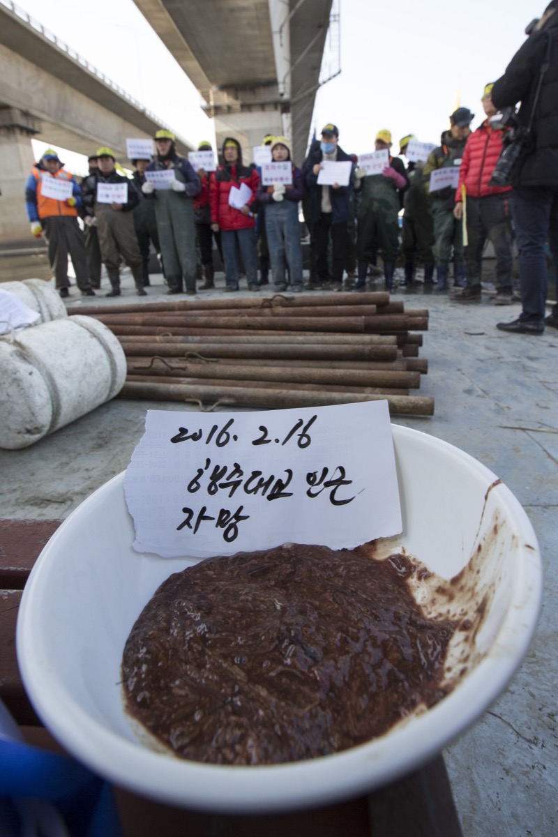 행주어촌계 어민 30여명이 15일 오전 경기도 고양시 덕양구 행주나루터에서 수상시위 출발에 앞서 한강 하류에서 건져올린 끈벌레를 놓고 기자회견을 하고 있다. 김성광 기자 flysg2@hani.co.kr