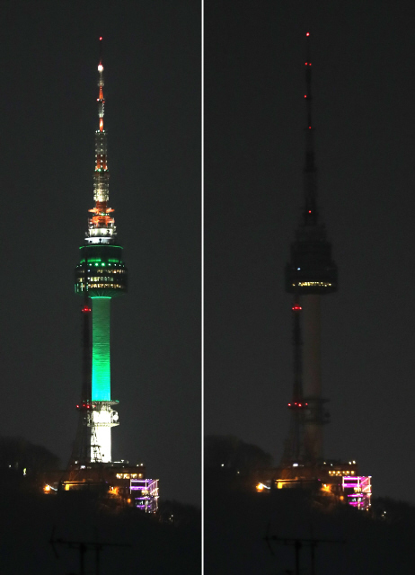 환경보호단체인 ‘세계자연기금’이 벌이는 지구적 전등 소등 캠페인인 ‘어스 아워’(Earth Hour) 행사가 열린 지난 19일 밤, 늘 환히 불을 밝혔던 서울 남산 엔(N)서울타워(왼쪽)가 한 시간 동안 불을 끈 채 어둠에 잠겨 있다. 2007년 호주 시드니에서 처음 시작된 어스 아워 캠페인은 지난해 172개국 7000여개 도시가 참여했으며, 1년에 한 번 한 시간 동안 불을 끄는 작은 행동으로 큰 변화를 가져올 수 있다는 메시지를 전달하고 있다.  김태형 기자 xogud555@hani.co.kr