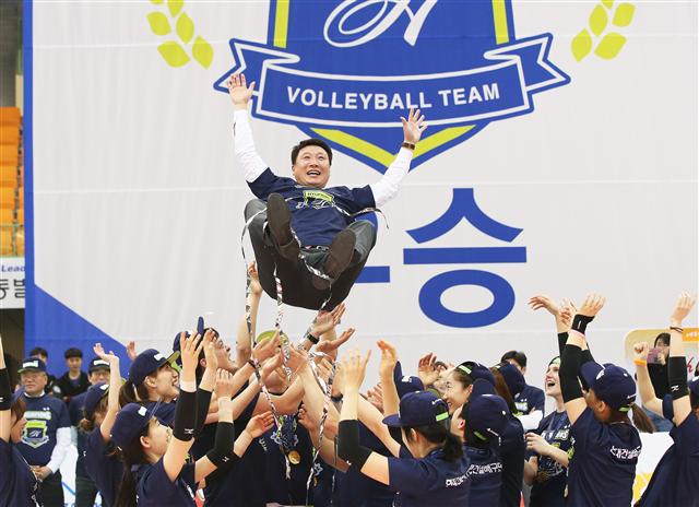 현대건설 선수들이 21일 수원체육관에서 열린 2015~2016 V리그 여자부 챔피언결정전 3차전에서 아이비케이(IBK)기업은행을 누르고 챔피언에 등극한 뒤 양철호 감독을 헹가래치고 있다. 수원/연합뉴스