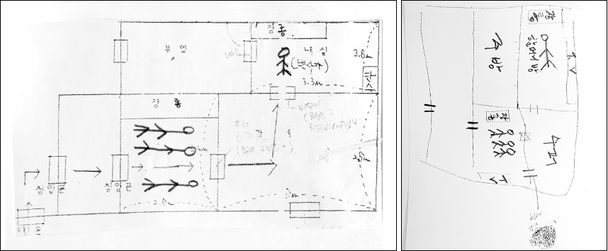 나라슈퍼 내부구조 그림 왼쪽은 1999년 2월6일 경찰이 그린 것. 오른쪽은 2000년 2월1일 전주지검에서 부산3인조 이씨가 그린 것. 부산3인조 이씨가 전주지검 조사 과정에서 실제 내부구조와 거의 똑같은 그림을 그렸으나, 전주지검은 부산3인조를 무혐의 결정했다.