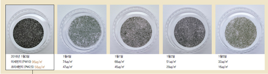  1월1~5일 미세먼지를 포집한 필터는 짙은 회색을 띠고 있다. ※클릭하면 확대됩니다.