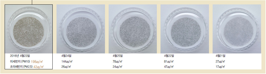  4월21~25일 미세먼지를 포집한 필터 역시 다양한 색깔을 띠고 있다. ※클릭하면 확대됩니다.