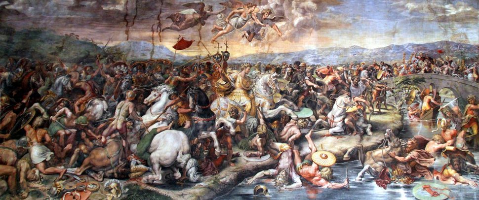밀비우스 다리의 전투, 줄리오 로마노(1520~1524), 바티칸 박물관. 콘스탄티누스 대제는 이 전투에서 승리하여 로마 제국 전체를 다스릴 수 있는 전환점을 마련했다.