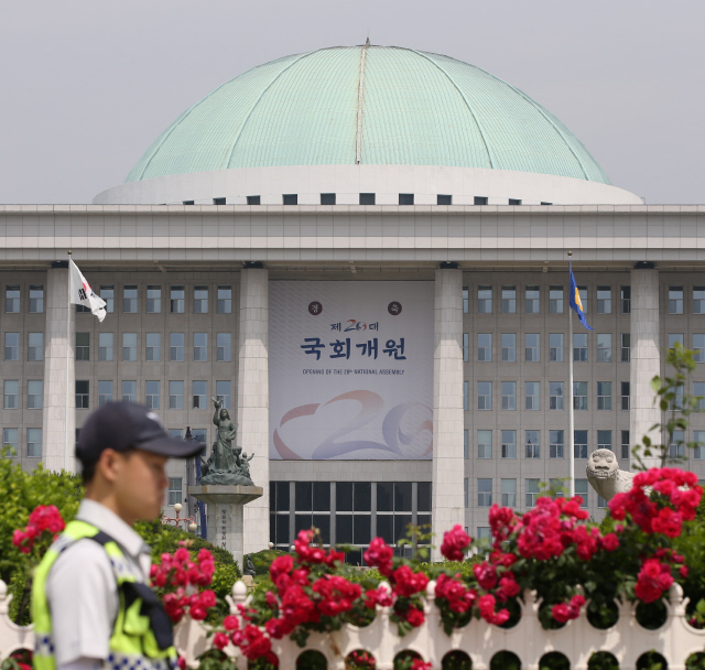 20대 국회 개원을 하루 앞둔 29일 오전 장미꽃이 활짝 핀 국회 담벼락 너머로 보이는 본청 건물 외벽에 축하 펼침막이 걸려 있다. 20대 국회의 임기는 30일 시작하지만, 본격적인 활동은 여야가 국회의장과 상임위원장 배분 등 원구성에 합의한 뒤에 이뤄질 예정이다. 강창광 기자 chang@hani.co.kr