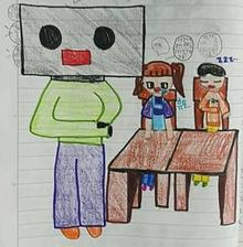반포초 5학년 이정서양이 그린 인공지능 선생님. 사각형 머리를 한 인공지능 선생님이 직사각형의 넓이 구하는 공식을 설명하고 학생들에게 질문하고 있다. 