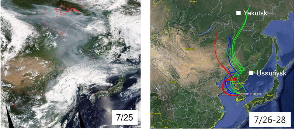 한국표준과학연구원이 2014년 7월 대전 지역에서 나타난 초미세먼지 고농도 현상이 러시아 시베리아 산불에서 비롯됐다는 사실을 화학조성성분 분석 방법으로 처음 증명했다. 왼쪽 위성사진의 빨간 점들이 러시아 산불 영상이며, 오른쪽은 당시 한반도 쪽으로 흐른 기류(빨간색 200m 상공, 파란색 500m, 초록색 1000m)를 나타낸다. 한국표준과학연구원 제공
