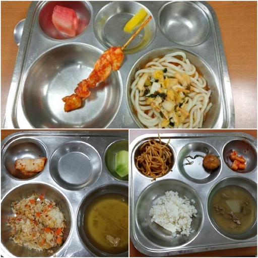 대전 봉산초등학교 학부모 등이 사회관계망서비스(SNS)에 올린 급식 사진들. 소량의 우동과 꼬치 한 개, 수박 한 조각, 단무지 한 조각이 달랑 올려져 있는 식판 등 어린이들의 한 끼 식사로 보기 어렵다. 급식 사진이 인터넷에 공개되자 부실·불량 급식을 비판하는 누리꾼들의 댓글이 이어지고 있다.   대전봉산초 급식실 문제해결을 위한 비대위 제공