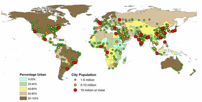 세계의 메가시티들(빨간점). 2015년 28개에서 2030년 41개로 늘어날 전망이다. UN-Habitat 보고서에서 인용.