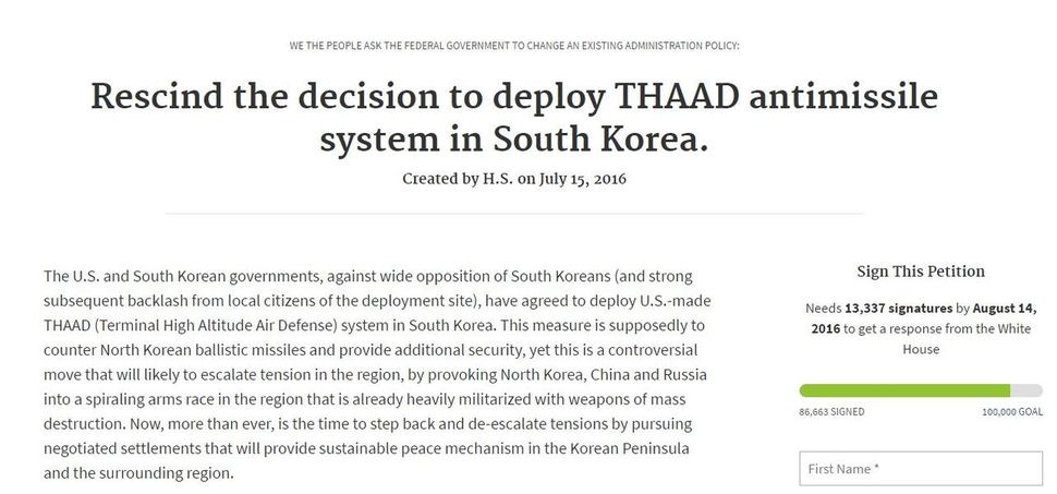 미국 백악관 누리집 내 청원 사이트인 ‘위 더 피플(We the People)’에는 지난 15일(현지 시각), '한국 내 사드 시스템 배치 철회'를 요구하는 청원이 게재됐다. 이번 청원은 8일 오전(10시께), 8만 6천여 명을 돌파해 목표인 10만 명 서명을 눈 앞에 두고 있다.