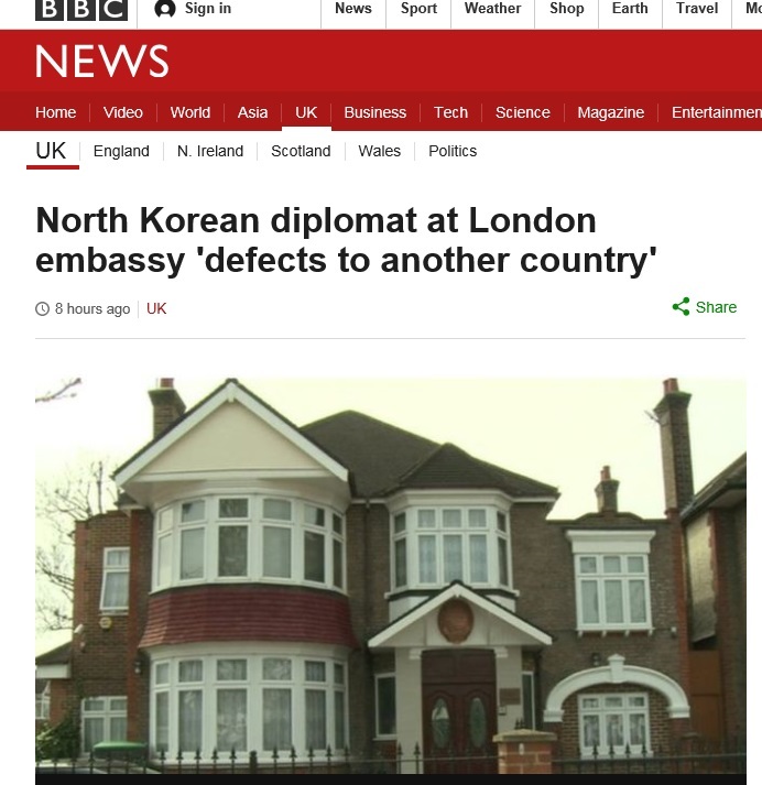 영국 주재 북한 외교관 망명을 보도한 <BBC> 화면 갈무리. 사진은 런던 주택가에 위치한 주영 북한대사관.