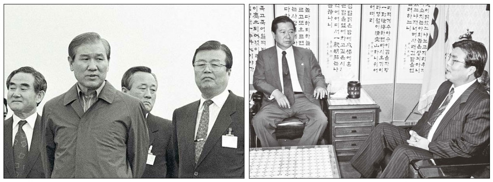 1991년 8월 당시 김종인(오른쪽) 청와대 경제수석이 농촌진흥청 제주시험장을 방문해 노태우 대통령과 함께 한우의 품종개량 연구과정을 둘러보고 있다.(왼쪽 사진) 1990년 8월 김대중 평민당 총재가 김종인 청와대 경제수석비서관과 이야기를 나누고 있다.(오른쪽 사진) 연합뉴스