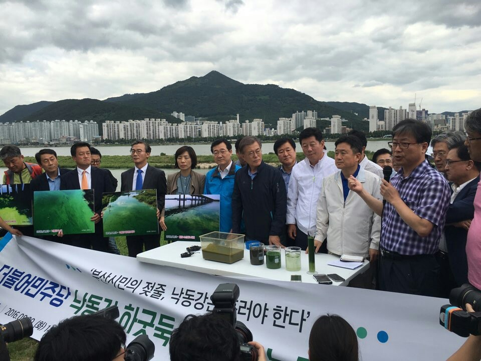 30일 낙동강 하류 을숙도에서 부산·경남 더민주 국회의원과 문재인 전 대표 등이 김좌관 부산가톨릭대 교수의 설명을 듣고 있다. 더민주 부산시당 제공