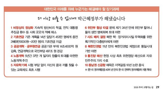 문화체육관광부에서 13일 발행을 앞두고 있는 잡지 '2016 추석맞이 고향가는 길’ 29페이지에는 “더 이상 미룰 수 없기에 박근혜 정부가 해냈습니다”라는 10가지 해결 과제가 적혀있다.