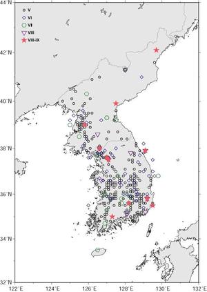 역사지진에서 진도 5 이상 지진의 진앙 분포도. 기상청 제공 (*클릭하면 크게 볼 수 있습니다.)