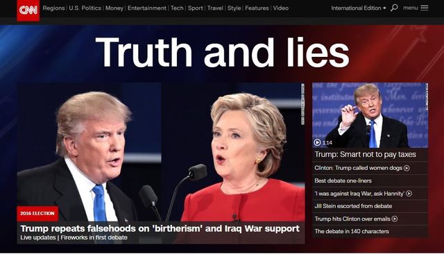 26일(현지시각) 미국 대선 1차 텔레비전 토론이 끝난 뒤 <시엔엔>(CNN) 방송 누리집에 ‘진실과 거짓’이라는 문구가 걸려 있다. <시엔엔>(CNN) 누리집 갈무리