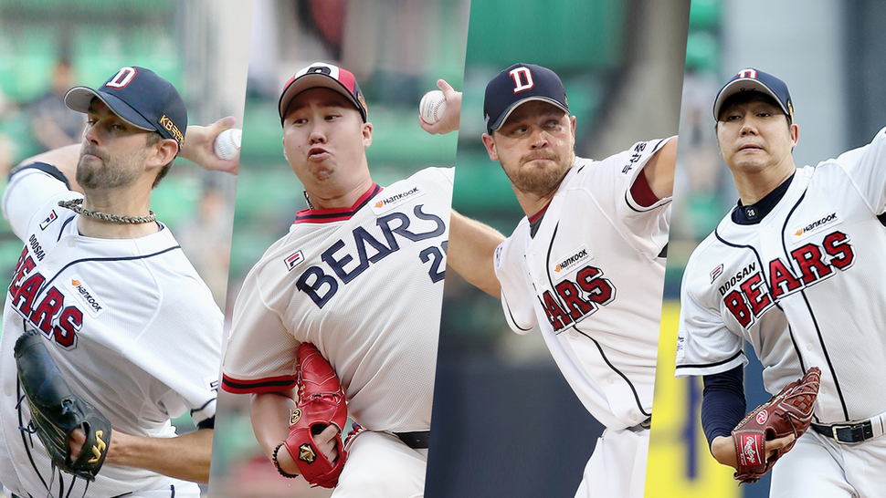 두산의 최강 선발진 ’판타스틱4’. 두산은 케이비오(KBO)리그 최초로 올 시즌 15승 이상 투수 4명(더스틴 니퍼트(왼쪽부터), 유희관, 마이클 보우덴, 장원준)을 배출했다. 전문가들은 “니퍼트를 중심으로 한 ’판타스틱4’ 선발진이 두산의 우승을 이끌 것”이라고 내다봤다. 연합뉴스