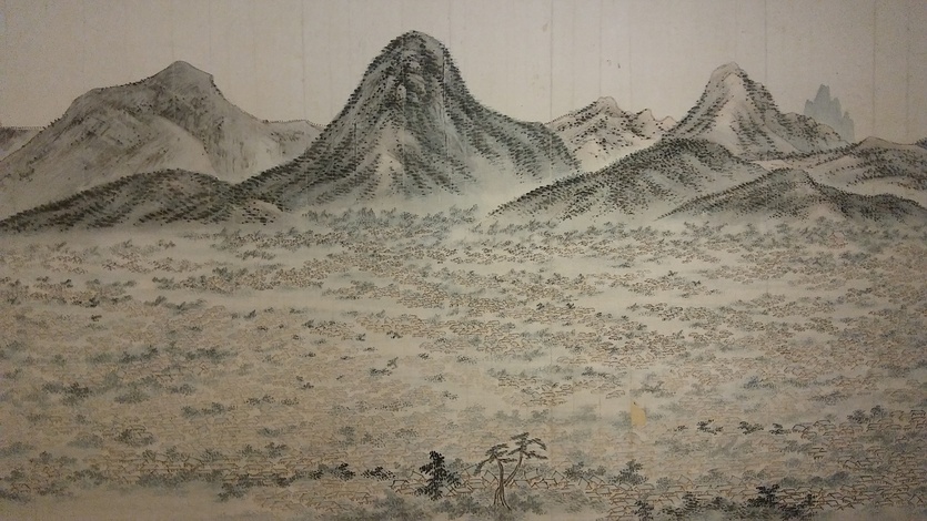 19세기 그려진 작자 미상 <한양전경도>. 남산 쪽에서 도봉산, 삼각산, 북악산에 둘러싸인 당시 한양도성의 전경을 그렸다. 그림 오른편에 촘촘한 가옥들 사이로 창덕궁의 전각과 백탑(원각사 탑) 등이 보인다.
