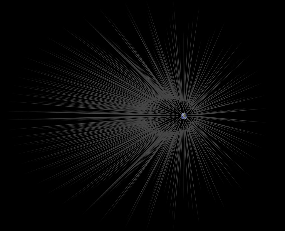 암흑물질에 둘러싸인 지구 상상도. NASA(http://www.nasa.gov/feature/jpl/earth-might-have-hairy-dark-matter)