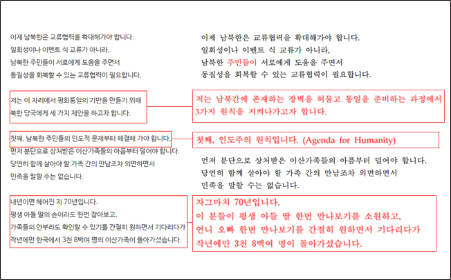 청와대 홈페이지 올라온 2014년 3월 박 대통령 드레스덴 연설문(왼쪽)과 JTBC가 24일 보도한 최순실씨 사무실 컴퓨터에서 발견한 드레스덴 연설문 문건(오른쪽). 이날 JTBC는 드레스덴 연설문의 경우 붉은 글씨 부분이 실제 연설에서 바뀌는 등 수정 정황도 보인다고 보도했다. ※이미지를 누르면 확대됩니다. 