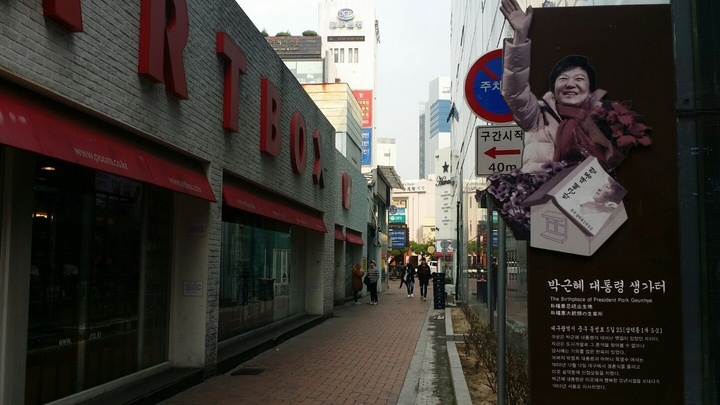 3일 오전 10시 박근혜 대통령이 태어난 곳인 대구 중구 동성로 5길 25 건물 앞에 박 대통령의 입간판이 서있다. 김일우 기자 cooly@hani.co.kr