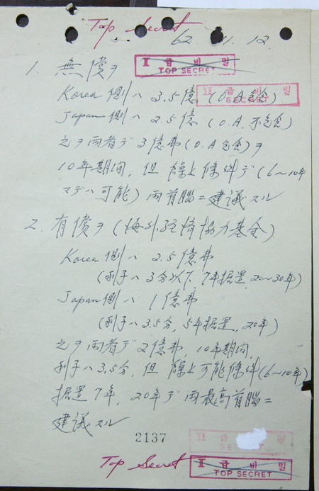 2005년 한국 정부의 공개로 확인된 한일회담 교섭 문서의 일부인 ‘김-오히라 메모’. <한겨레> 자료사진