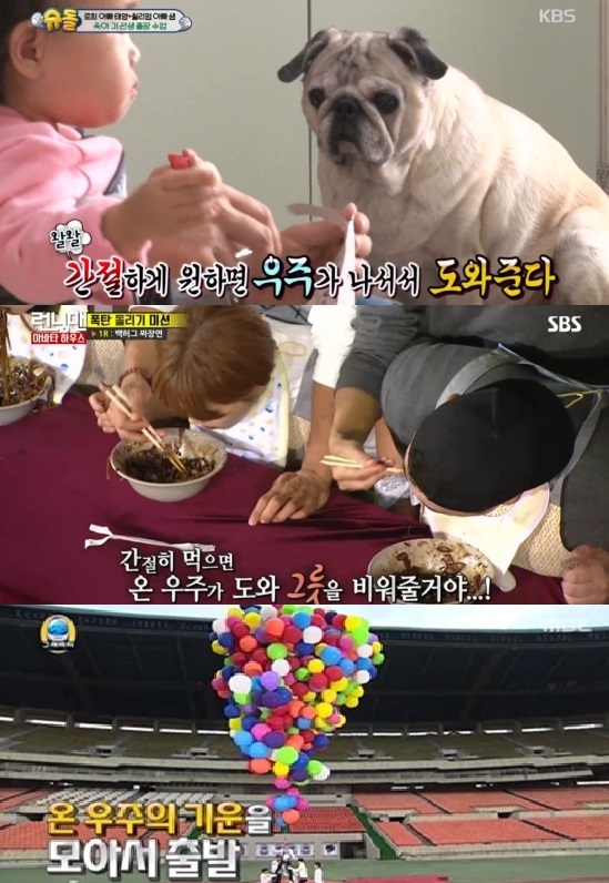 박근혜 대통령의 발언을 패러디한 한국방송 <슈퍼맨이 돌아왔다>, 에스비에스 <러닝맨>, 문화방송 <무한도전>의 장면들(위부터). 각 방송 화면 갈무리