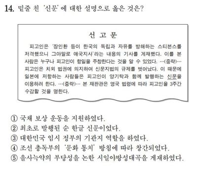 2017학년도 수능 <한국사> 14번 문항.