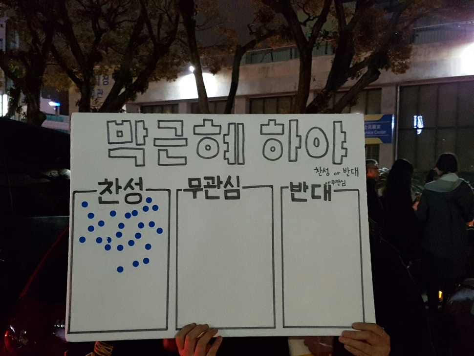 제주여중생들이 ‘박근혜 하야’를 묻는 손팻말을 들고 집회 참가자들에게 의견을 묻고 있다.