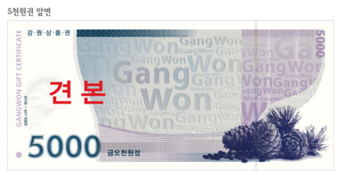 28일 첫선을 보인 5000원권 강원상품권 도안 모습.강원도청 제공