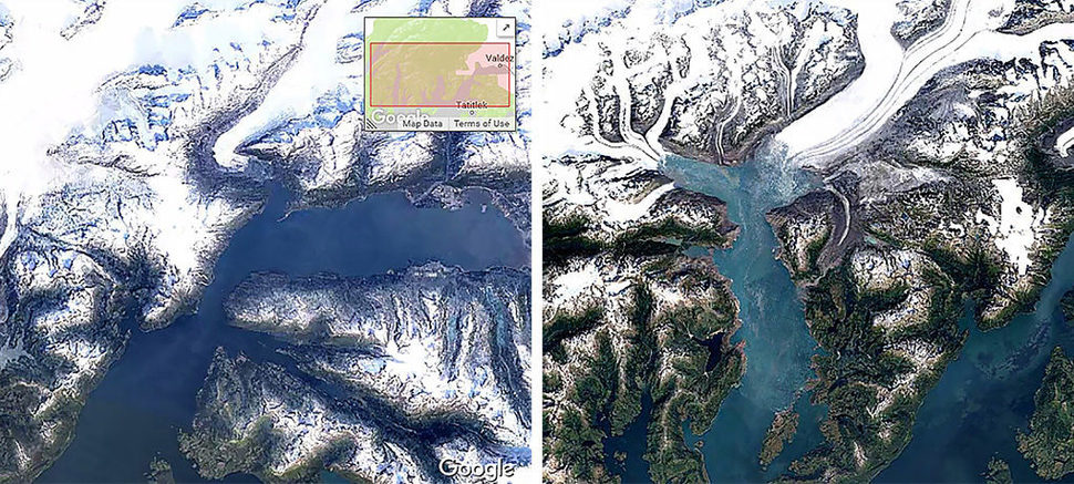 알래스카 컬럼비아빙하의 32년 전(왼쪽)과 오늘(오른쪽). 흰눈으로 덥힌 지역이 줄고 녹지대가 크게 넓어졌다. 구글 타임랩스