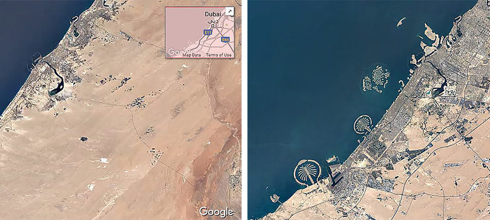 아랍에미리트연합의 두바이. 32년 사이에 사막과 바다에 다양한 인프라들이 들어섰다. 구글 타임랩스