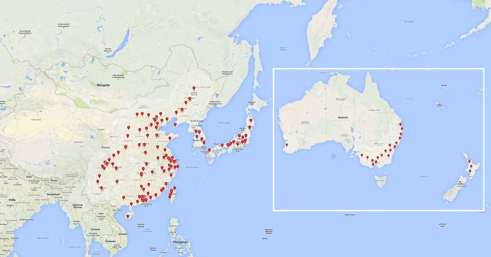 테슬라가 누리집에 게재한 2017 아시아·태평양 지역 슈퍼차저 설치 예상 지점. 한국은 서울과 부산 등 5곳이 표기돼 있다. 테슬라 누리집 캡처