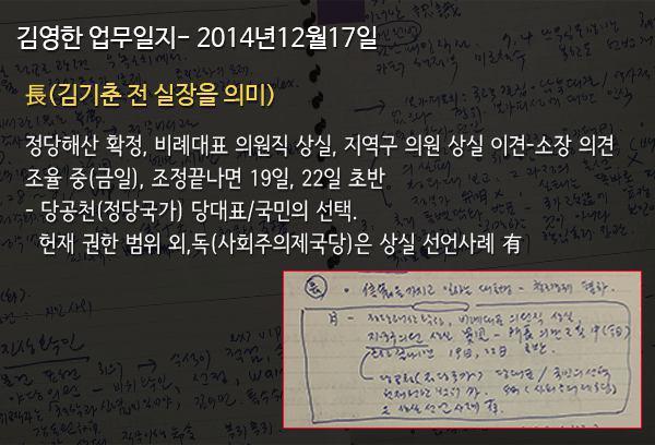 2014년 12월10일치 김 전 수석 업무일지엔 6월에 이어 박상옥 원장 이름이 한 차례 더 등장한다.