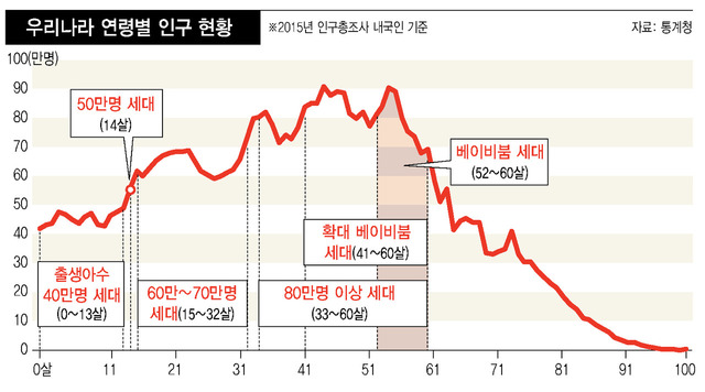 향후 우리나라의 고령화 과정에서 좁게는 1차 베이비부머, 넓게는 연간 출생아 수 80만명 세대의 고령화에 주목할 필요가 있다. 그래프에서 표시된 각 연령대는 지난해 현재 나이를 가리킴.(※ 이미지를 클릭하면 확대됩니다)