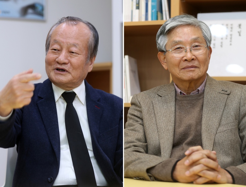 박종철 30주기를 맞아 당시 국립과학수사연구소 부검의 황적준 박사와 당시 서울지검 공안부장 최환 변호사가 서울 용산구 갈월동 박종철기념관에서 대담을 하고 있다. 강재훈 선임기자 khan@hani.co.kr