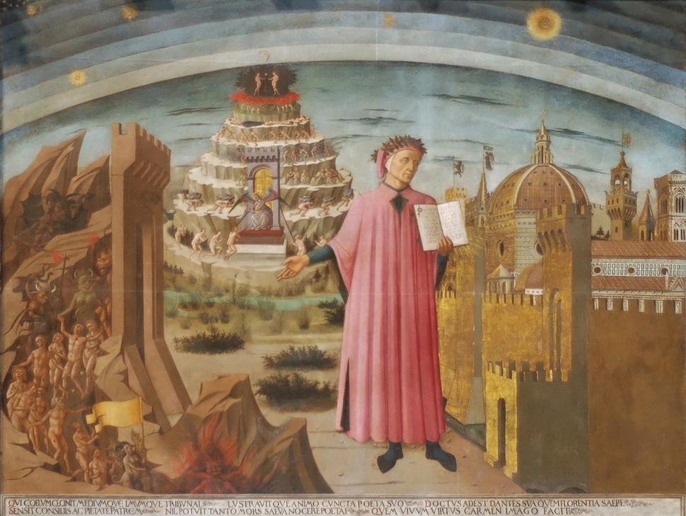 단테와 <신곡>, 도메니코 디 미켈리노, 1465년, 피렌체 대성당. 단테는 왼손으로 <신곡>을 들고 있고 오른손으로는 지옥으로 내려가는 죄인들을 가리키고 있다. 배경으로 연옥과 피렌체 시내가 보인다.