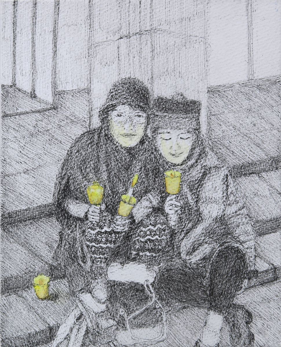 난생처음 딸과 함께 참석했던 촛불집회. 그날은 유독 촛불이 더 따뜻하게 느껴졌다. 촛불 모녀. 2016년 12월, 펜&수채, 19×24㎝.