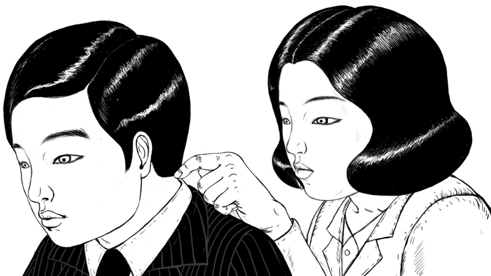 <연애놀이>에서 목 뒷덜미를 찌른 손가락을 맞추는 ‘손가락 맞추기’ 놀이를 하는 남녀. 컬처플랫폼 제공