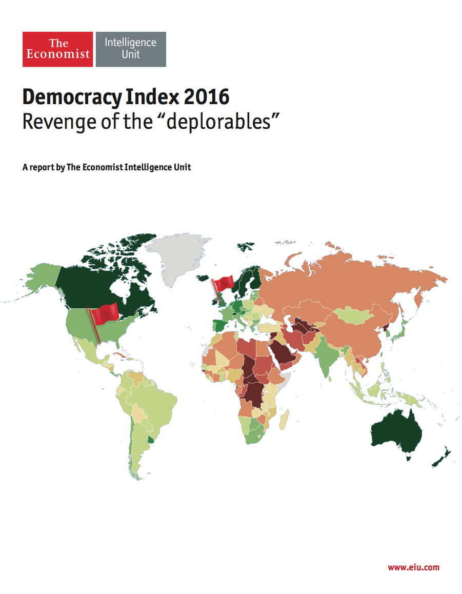 <더 이코노미스트> 산하 연구·분석 기관 <더 이코노미스트 인텔리젼스 유닛>(EIU)이 최근 발표한 ‘2016년도 민주주의 보고서’ 표지.