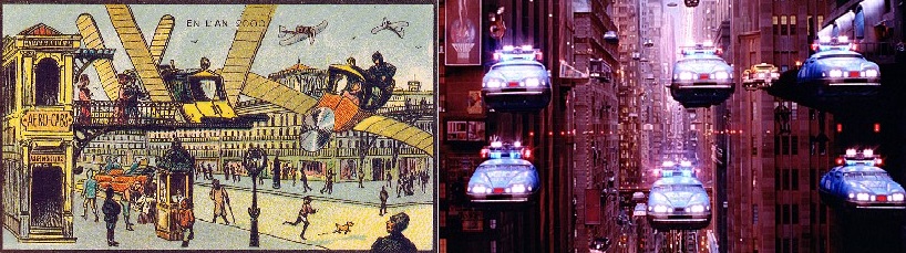 100년 전 유럽 미술가들이 상상한 공중택시 정류장(왼쪽)과 영화 〈제5원소〉 에 등장하는 플라잉카.