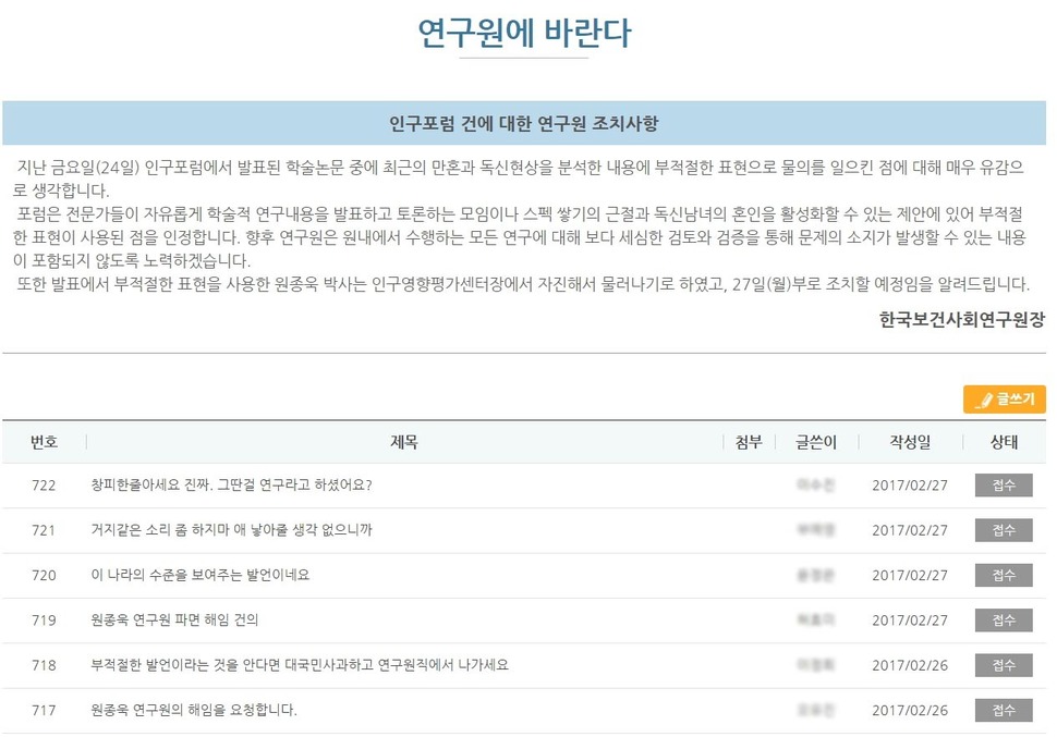 보건사회연구원 홈페이지에 ‘저출산을 결국 여성의 탓으로 돌리려는 것이냐’는 등의 비판 게시글이 쏟아졌다. 보건사회연구원 홈페이지 갈무리